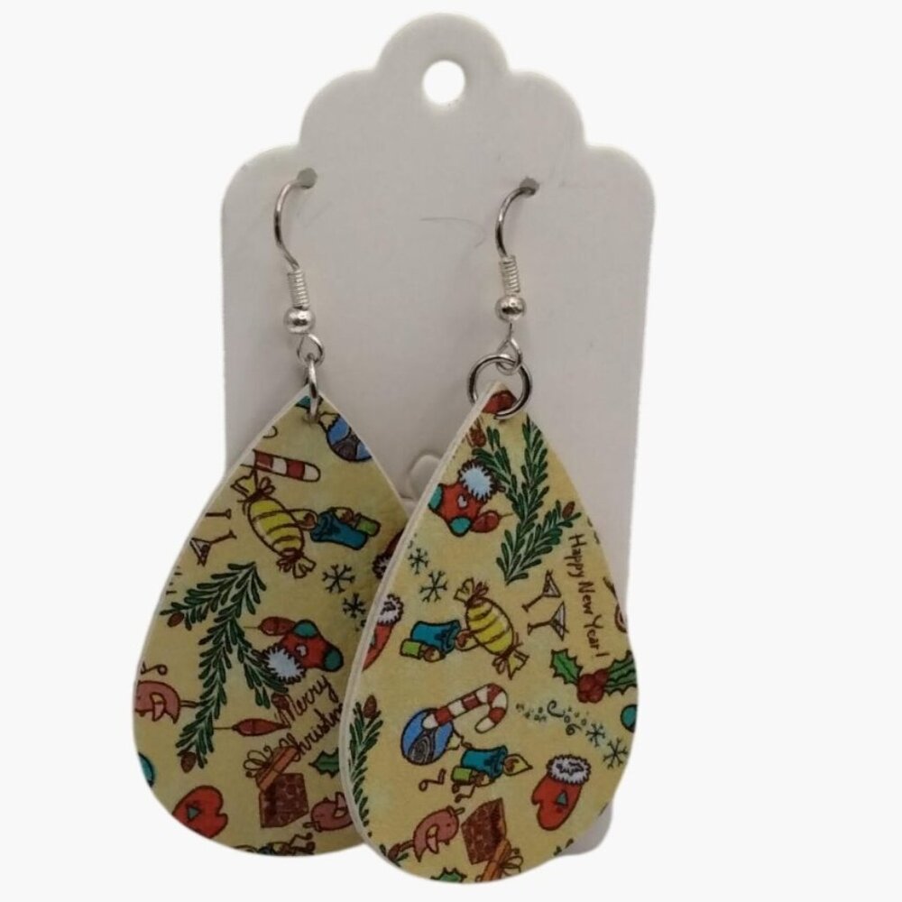 Christmas Earrings Teardrop Stamped Faux Leather Holiday Jewelry